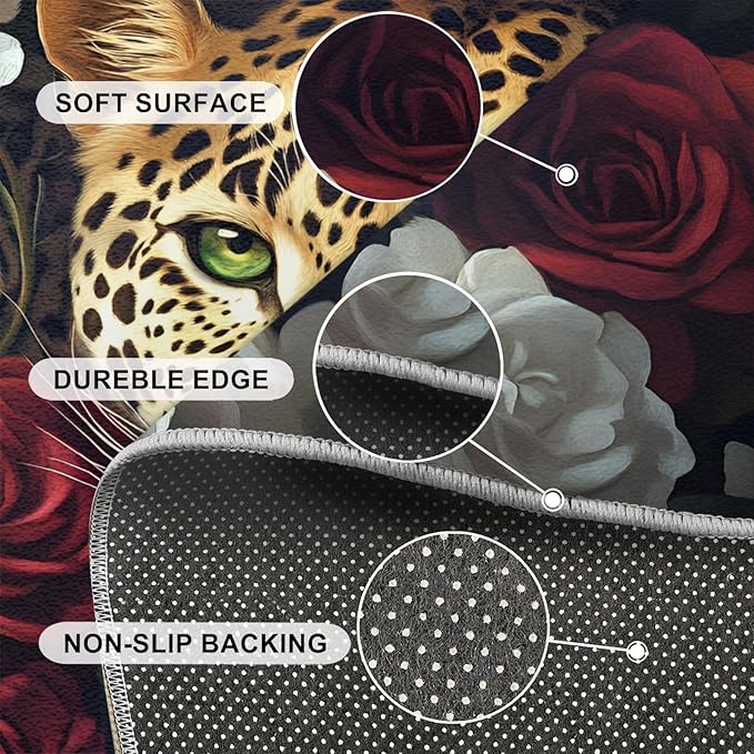 Leopard Rugs for Bedroom - 5x6 Area Rug - Flowers Leopard Rugs for Living Room, 3D Flowers Animal Rug, Washable Home Decor Carpet