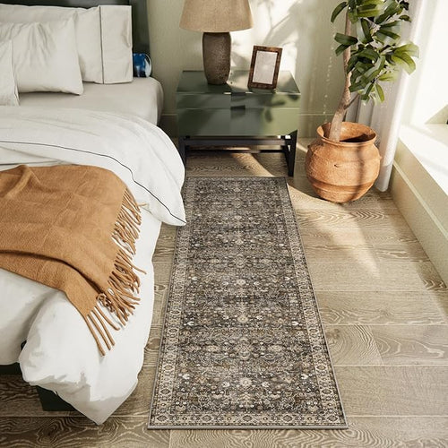 2'x6' Washable Runner Rug Utral Soft Lightweight Vintage Boho Distressed Non-Slip Backing,Low Pile Stain Resistant Farmhouse Rug for High-Traffic Hallway, Kitchen & Laundry