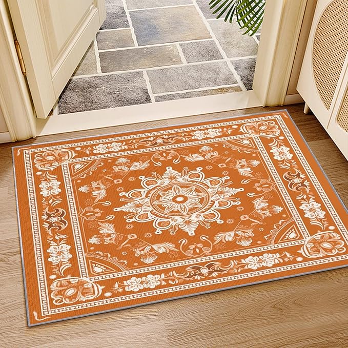 Mandala Rugs for Living Room -Vintage Floral Rug, 6x8 ft, Orange Mandala Washable Rugs for Living Room, Boho Medallion Area Rug for Bedroom, Meditation Boho Ethnic Home Decor & Gifts