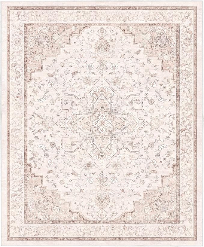 Marsail 5x7 Machine Washable Area Rug, Soft & Slip-Resistant Large Area Rug with Reinforced Bound Edges, Vintage Short-Pile Washable Rug with Floral Pattern for Living Room, Dinning Room and Bedroom