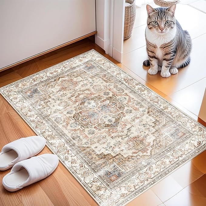 Enkor Area Soft Rugs 2x3 Washable Non Slip Boho Small Floor Entryway Rugs for Hallway, Vintage Style Farmhouse Mat for Kitchen Beige & Brown