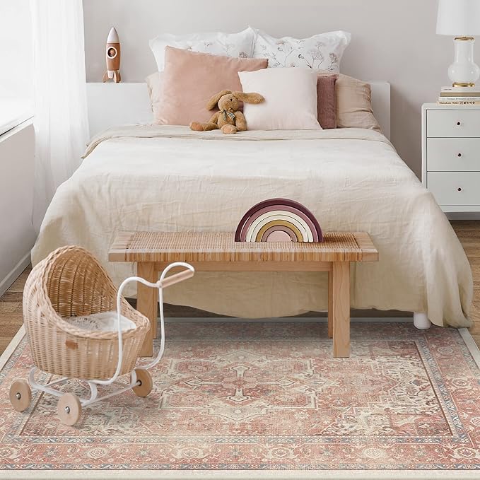 RUGGABLE Washable Area Rug – Kamran Rose Pink 3x5, Stain-Resistant, Non-Slip – Small Machine Washable Rugs for Living Room, Bedroom, Hallway, Entryway & Office–with Standard Pad