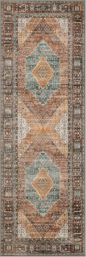 Bavni Runner Rug 2x10 Kitchen Rugs for Hallways Entryway, Washable Print Carpet, Low Pile Lightweight Rug with Non Slip Backing, Vintage Brown/Blue