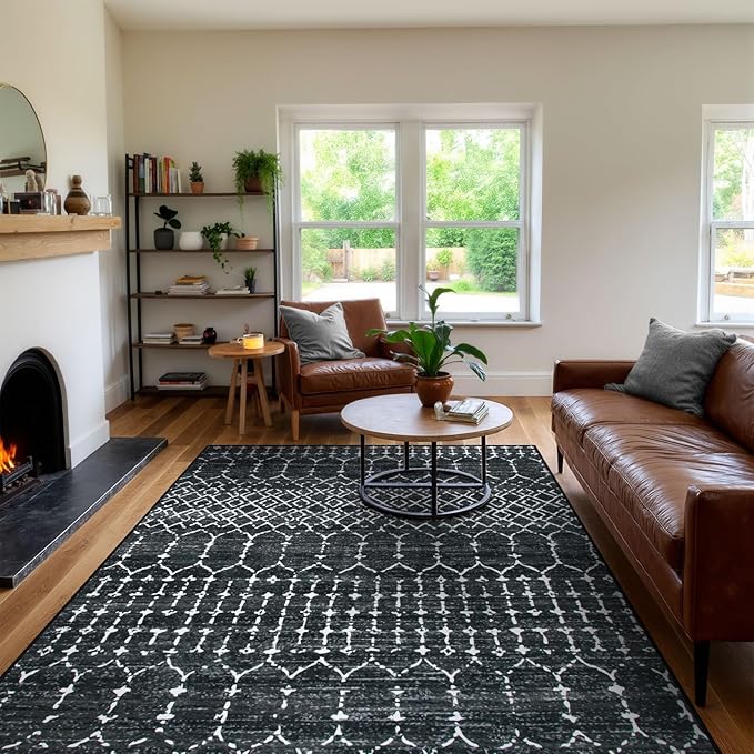 Lahome Moroccan Black Area Rugs 6x9 Living Room - Non-Slip Backing Ultra-Thin Large Throw Stain Resistant Dining Room Rugs for Under Table, Geometric Print Modren Soft Carpet for Bedroom Office