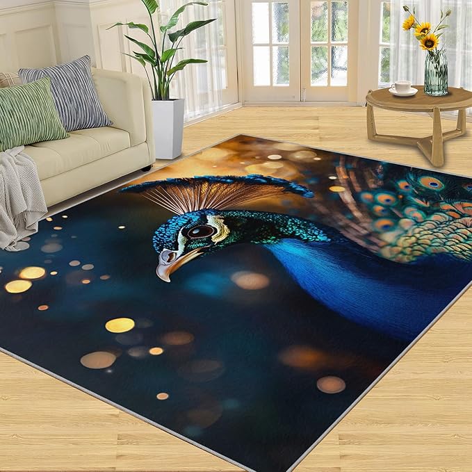 Peacock Area Rug 3x5-3x5 Rug, Wonderful Peacock Rugs for Living Room, Teal Turquoise Carpet, Peafowl Feather Washable Area Rugs for Bedroom, Aesthetics Carpet - Peafowl Home Decor & Gifts