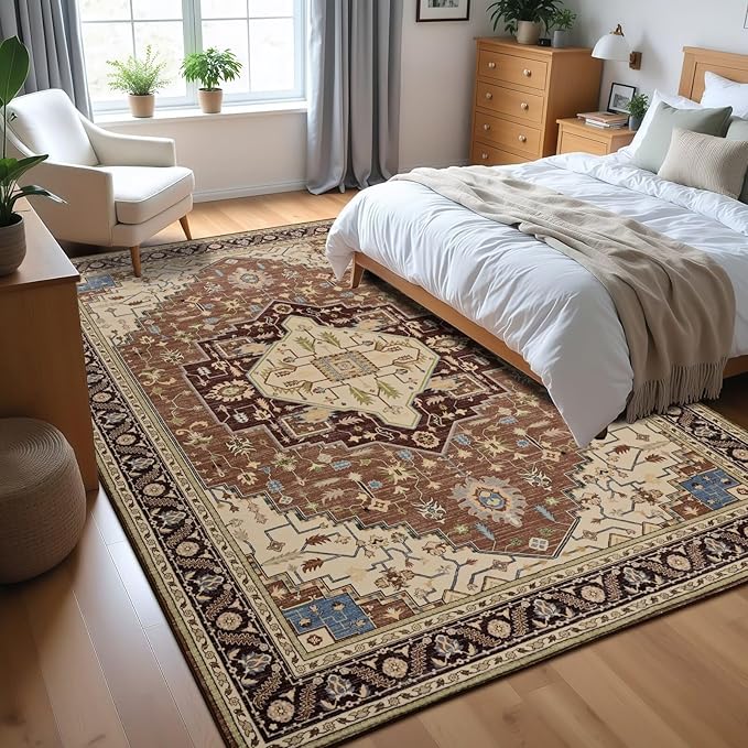 6x9 Mousse Brown Area Rug for Living Room, Machine Washable Rugs with Non-Slip Backing for Bedroom, Vintage Medallion Carpet Dining Room Office Kids Room Decor