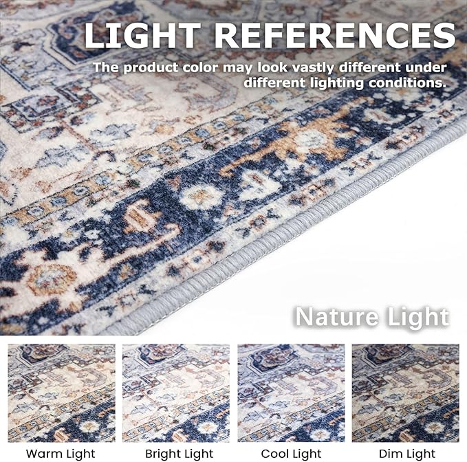 KOZYFLY Boho Area Rug 3x5 Ft Rugs for Entryway Washable Entry Rug Non Slip Door Mat Indoor Entrance Printed Faux Wool Throw Rugs for Entrance Front Porch Kitchen Living Room, Blue Gray/Cream