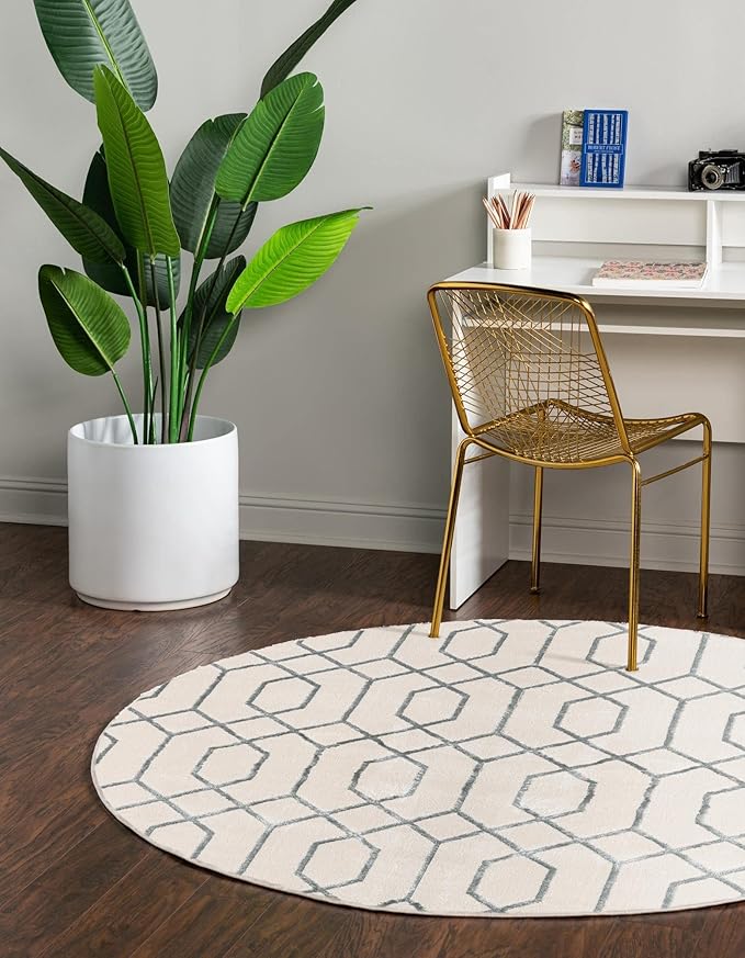 Unique Loom Glam Collection Area Rug - Trellis (3' 3" Round, White Silver/ Silver)
