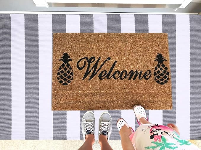 KOZYFLY Striped Outdoor Rug 3x5 Ft Front Door Rug Gray and White Hand Woven Cotton Washable Outdoor Doormats Outdoor Entrance Mat for Front Door Kitchen Entryway Patio Front Porch Decor