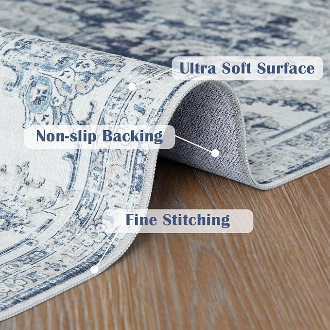 jinchan Fiora Runner Rug 3x10-2pcs Kitchen Washable Vintage Hallway Rug Floral Print Floor Cover Indoor Thin Retro Mat Accent for Bathroom Laundry Room Bedroom Office Farmhouse (Double, Dark Blue)