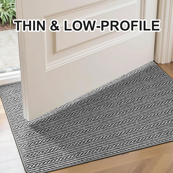Ultra Thin Door Mat Indoor Entrance 24"x47", Low-Profile Indoor Door Mat, Non Slip Entry Mat Rubber Backing Unique Herringbone Design Inside Doormat Dirt Trapper Entryway Mats, Grey