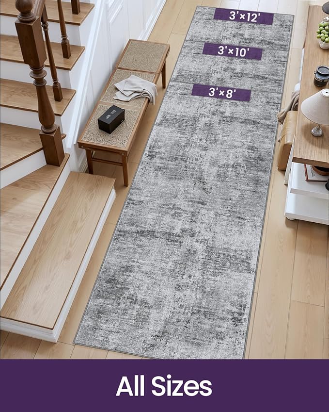 DEXI Hallway Runner Rug 3x8, Modern Abstract Non Slip Thin Soft Runners Carpet, Stain Resistant Washable Indoor Rug for Hallway Entryway Kitchen Laundry Room Living Room, Light Grey