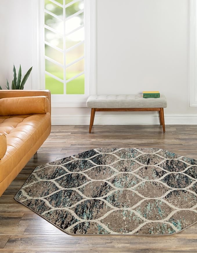 Rugs.com Lattice Frieze Collection Rug – 6 Ft Octagon Blue Multi Medium-Pile Rug Perfect for Living Rooms, Kitchens, Entryways
