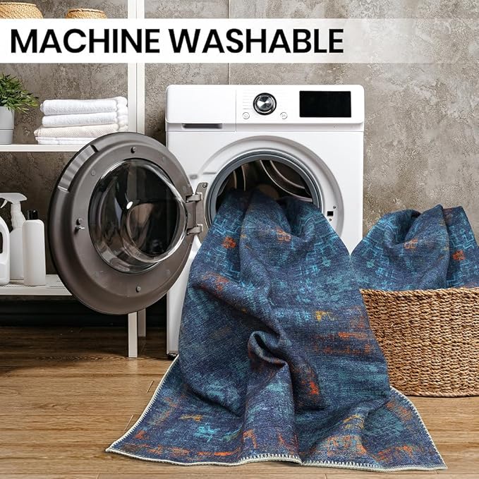 GLN Rugs Contemporary Collection - Machine Washable Area Rug, Contemporary Washable, Non Slip, Low Pile Chenille Rug, Living Room, Bedroom, Kitchen Rug (3' x 5' Midnight/Multi)