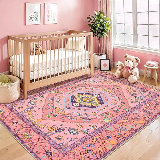 SERISSA 3x5 Boho Area Rug, Washable Non-Slip Rugs for Baby Girls Bedroom, Ultra Soft Cute Pastel Aesthetic Fuchsia Pink Rugs for Nursery Indoor Entryway Kitchen Office Kids Playroom Dorm Decor