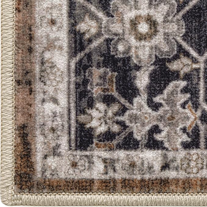 DEXI 4x6 Area Rug for Living Room, Washable Vintage Farmhouse Thin Rug Indoor Floor, Non Slip Stain Resistant Low Pile Carpet for Dining Room Bedroom Office, Brown