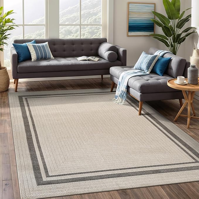 Beverly Rug Easy Jute Bordered Rug 8x10 Washable Durable Indoor Outdoor Area Rugs for Living Dining Room Patio Office Stain Resistant Non Shedding Casual Indoor Outside Carpet 8 x 10 Off-White