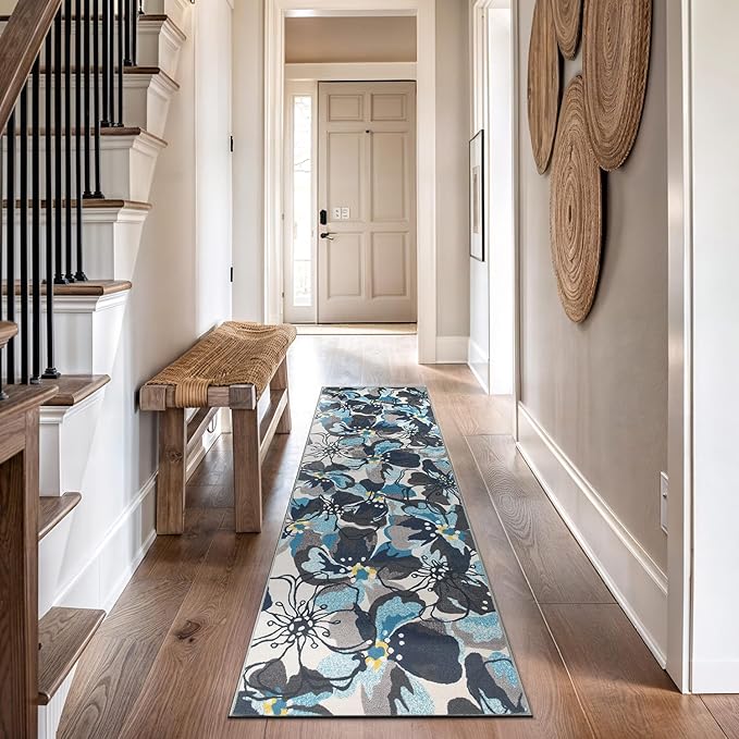 Rugshop Gray Large Floral Non-Slip Runner Rug Fade Resistant for Hallway, Entryway and Kitchen, 2'7" x 12'