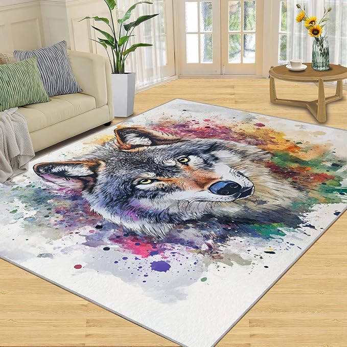 Wolf Rugs for Bedroom - 3x5 Area Rug - Graffiti Wolf Rugs for Living Room, Abstract 3D Animal Graffiti Rug, Washable Home Decor Carpet