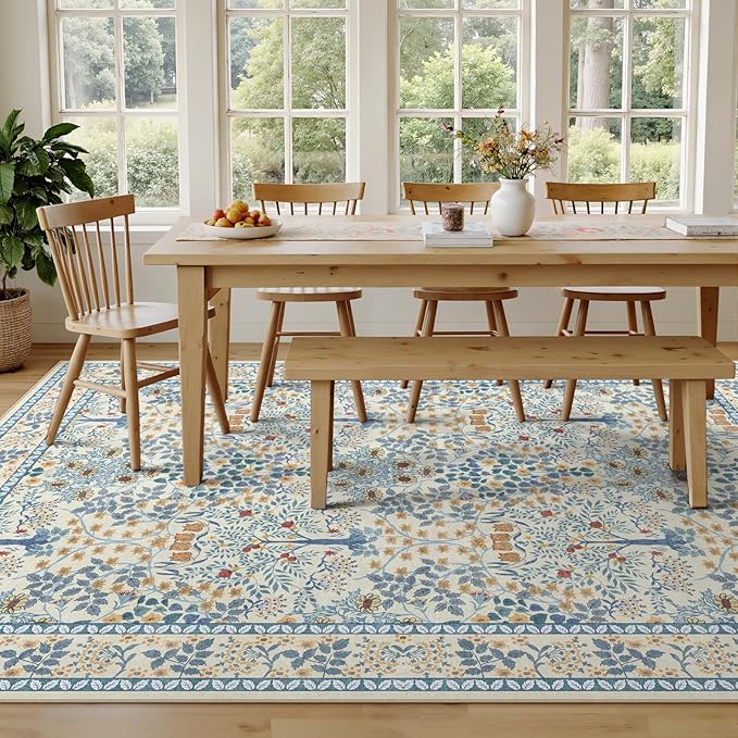 9x12 Area Rug Living Room Rug - Floral Vintage Forest Washable Carpet, Low Pile Non-Slip Stain Resistance Boho Soft Large Carpet for Bedroom, Dining Room Under Table, Farmhouse (9'x12' Blue/Orange)