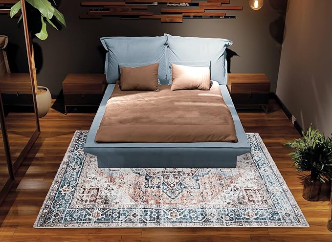 Bloom Rugs Washable Non-Slip 10x14 Rug - Terracotta/Blue Traditional Oriental Area Rug for Living Room, Bedroom, Dining Room, and Kitchen - Exact Size: 10' x 14'