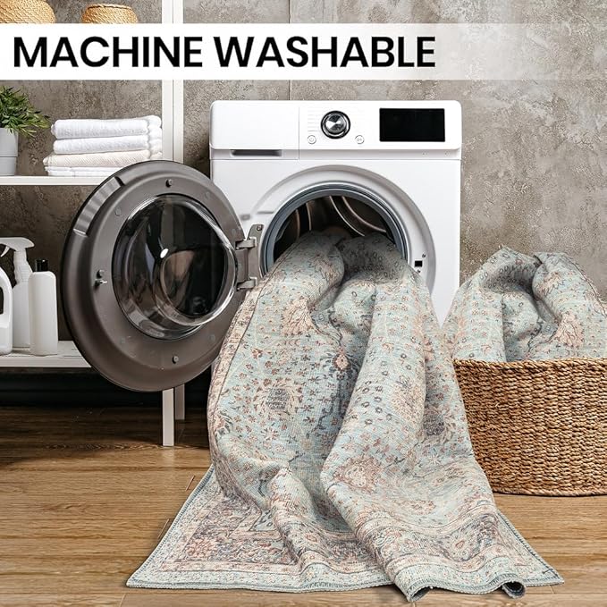 GLN Rugs Traditional Collection - Machine Washable Area Rug, Traditional Washable, Non Slip, Low Pile Chenille Rug, Living Room, Bedroom, Kitchen Rug (2'6" x 7' Light Blue)