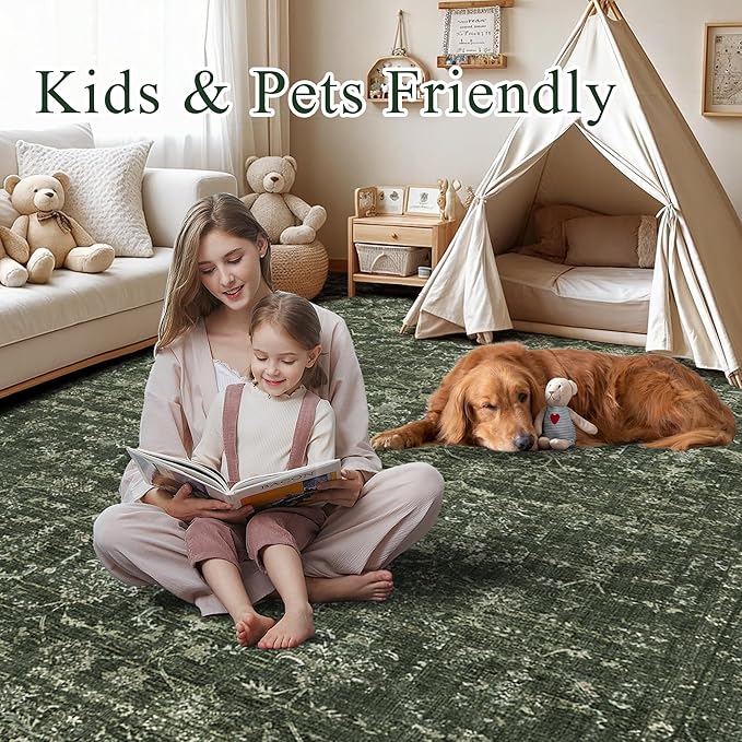 Washable Area Rug 2x3 Green Rugs for Living Room, Vintage Boho Rug for Bedroom Dining Room Office, Distressed Floral Print Carpet for Under Table, Soft Non Slip Low Pile Throw Carpet Indoor Mat
