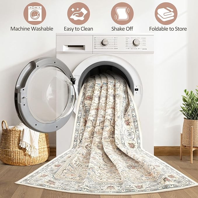 9x12 Area Rug Living Room: Washable Boho Large Neutral Vintage Soft Rugs Stain Resistant Farmhouse Non Slip Indoor Floor Carpet for Bedroom Nursery Kids Playroom Office Dining Room- Cream Blue