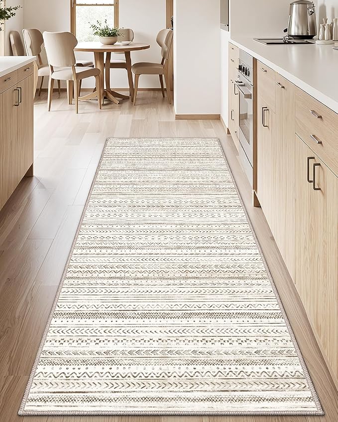 LUMI Washable Rug, 23x87 Kitchen Rugs for Entryway Bathroom, Non-Slip Indoor Door Mat Ultra-Thin, Small Oriental Throw Carpet for Bedroom Entry Office, White and Brown