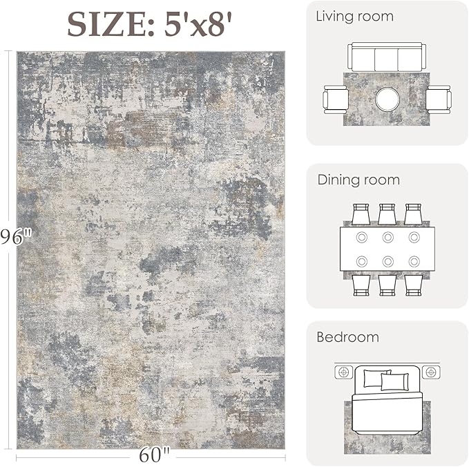 5x8 Area Rug Living Room Rugs - Washable Neutral Modern Abstract Soft Thin Large Rug Indoor Floor No Slip Rug Carpet for Bedroom Under Dining Table Home Office Decor - Blue Grey
