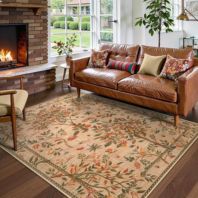 Morebes Machine Washable 5x7 Area Rugs for Living Room, Boho Floral Dining Room Rug Non Slip, Soft Low-Pile Flower Indoor Floor Throw Carpet for Living Room Home Office Playroom Foyer, Brown