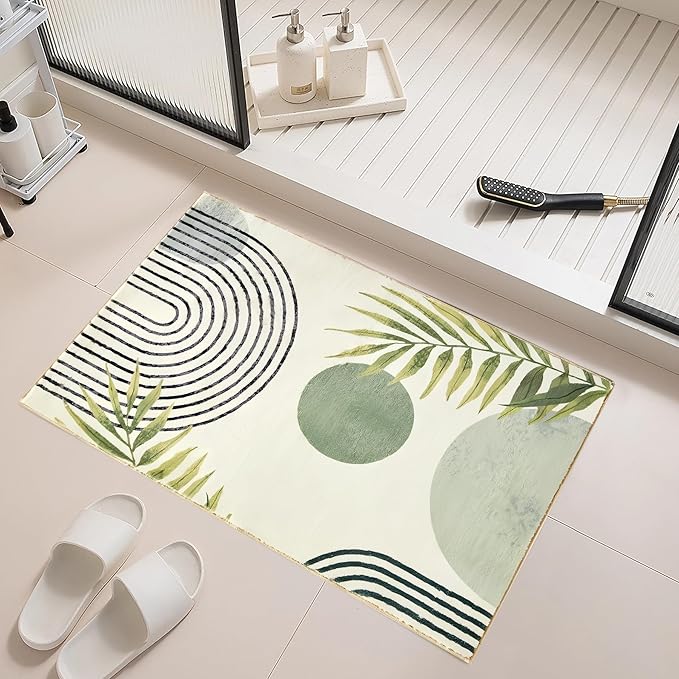 Modern Green Rug 2x3 Bathroom Non-Slip Washable Mat Abstract Aesthetic Rug Modern with Tropical Leaves Carpet Suitable for Bathroom Entrance Bedroom Indoor Entrance Door Mat
