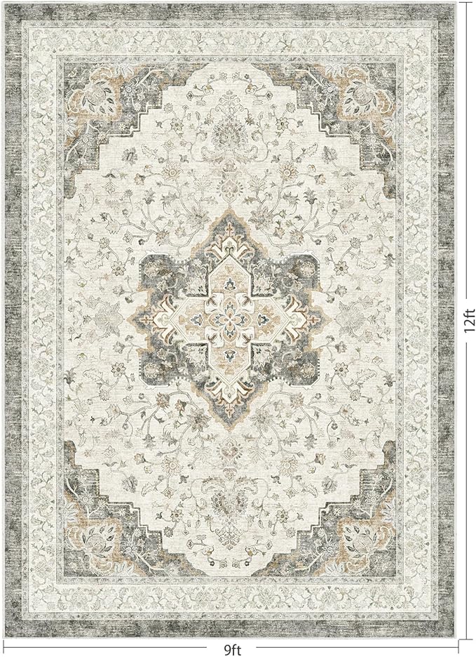 Marsail 9x12 Machine Washable Area Rug, Soft & Slip-Resistant Large Area Rug with Reinforced Bound Edges, Vintage Short-Pile Washable Rug with Floral Pattern for Living Room, Dinning Room and Bedroom
