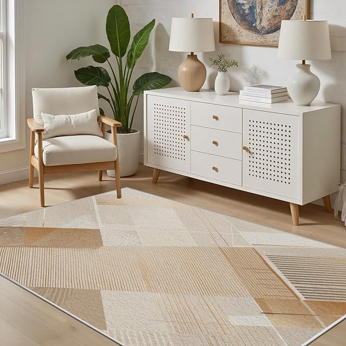 Minimalist Abstract Area Rug 7x9 Brown Boho, Modern Washable Stripe Art Rugs, Soft Non-Slip Low-Pile Carpet for Living Room, Bedroom, Kitchen, Dining Room, Pet Friendly, Non-Shedding, Beige