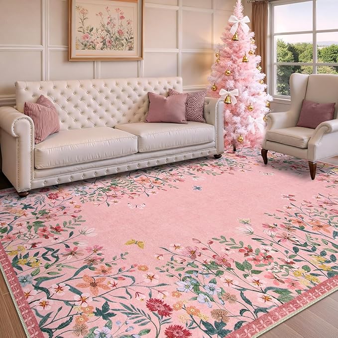 Wonnitar Washable Pink Floral 8x10 Rugs for Bedroom, Non-Slip Living Room Area Rug, Cute Nursery Large Botanical Area Rug, Soft Floor Carpet for Playroom Closet (Pink,8'x10')