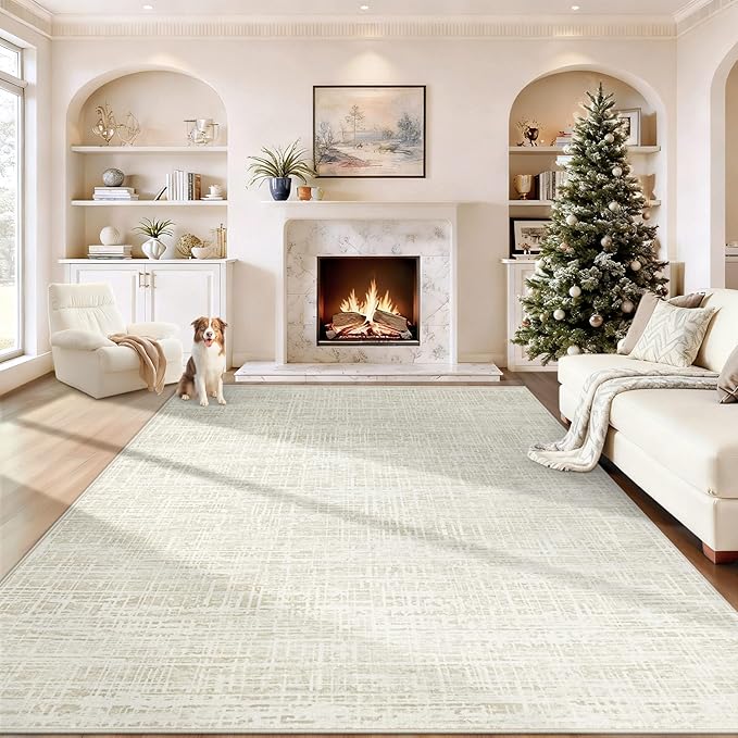 8x10 Area Rugs for Living Room, Washable Large Area Rug Neutral Modern Abstract Bedroom Rug Soft Non Slip Low Pile Stain Resistant Indoor Carpet for Nursery Kids Dining Room Office(Beige, 8'x10')