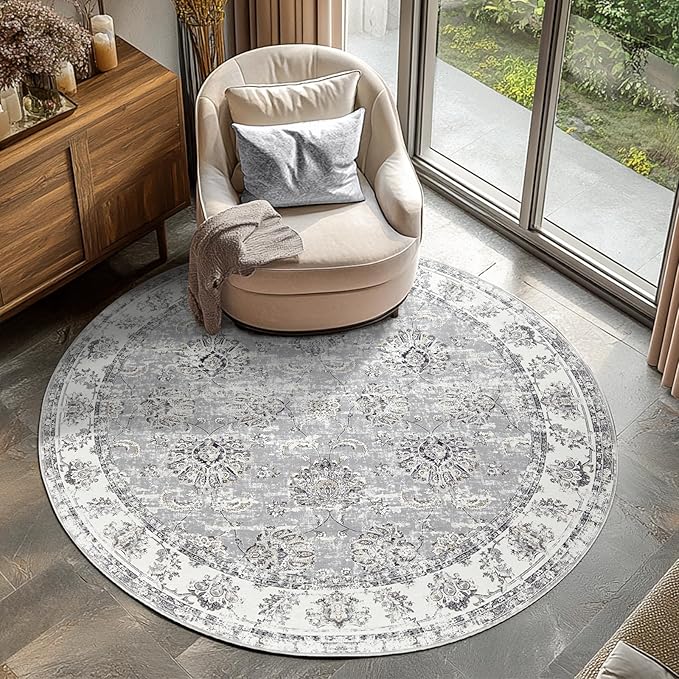 jinchan Fiora Round Rug 4ft Area Rugs Vintage Floral Distressed Design - Machine Washable Non-Slip Low-Pile Ultra-Thin Circle Rug for Entryway Bedside Living Room Dining Room Bedroom (4' Round, Grey)