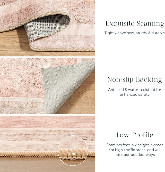 Phantoscope Washable Area Rug 9'x12' Non-Slip, Vintage Neutral Rugs for Living Room, Bedroom, Dining Room, Distressed Boho Floral Medallion Pattern, Low-Pile Foldable Floor Carpet, Soft Pink/Beige