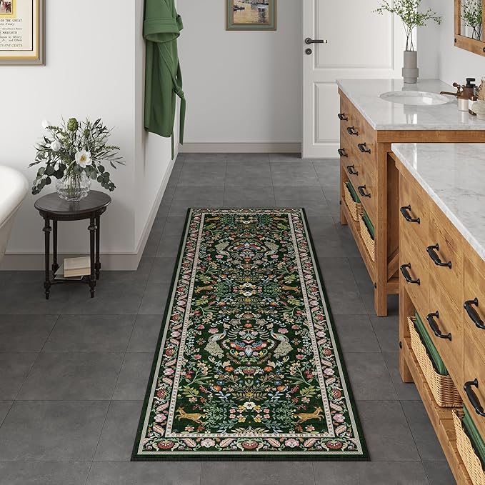 Runner Rug Washable Kitchen 2'x6' Floral Non-Slip for Entryway Indoor Soft Carpet Runner for Hallways, Kitchen, Laundry, Bedroom, Bathroom (Emerald Green)