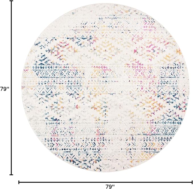 SAFAVIEH Tulum Collection Area Rug - 6'7" Round, Ivory & Blue, Moroccan Boho Tribal Design, Non-Shedding & Easy to Clean, Ideal for Living Room, Bedroom, Dining Space (TUL272C)