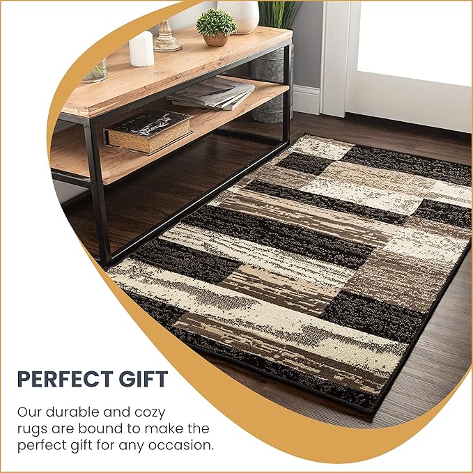 Superior Indoor Area Rug, Foam Backed, Modern Geometric Patchwork Floor Decor for Bedroom, Office, Living Room, Entryway, Hardwood Floors, Rockwood Collection, 10' x 14', Chocolate
