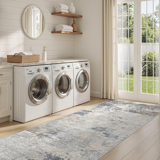 3X10 Washable Runner Rug for Hallway: Soft Neutral Modern Abstract Area Rug - Non-Slip Low Pile Long Throw Indoor Carpet for Kitchen Entryway Kitchen Bedroom Laundry - Blue Grey