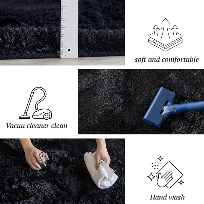 4x6 Area Rugs for Living Room Bedroom,Soft Fluffy Shaggy Bedside Rug, Indoor Floor Carpet for Kids Playroom Playroom, Dorms, Nursery Rooms, Home Decor (Black 4'x6')