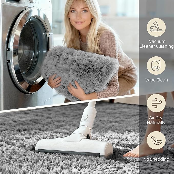 6x9 Solid Fluffy Grey Area Rug – Washable, Durable, Large Living Room Rug, Non-Slip High Pile Shag Rugs for Bedroom, Bedside, Dorms, Nursery Rooms, Kids Room, Soft Indoor Floor Carpet Decor