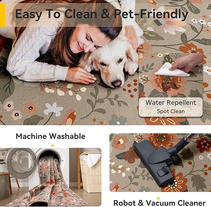 Floral 6x9 Area Rug Machine Washable Soft Print Boho Carpet Non Slip Doormat Low Pile Flower Area Rugs for Living Room Bedroom Nursery Kitchen Dining Room Indoor-Brown/Brick