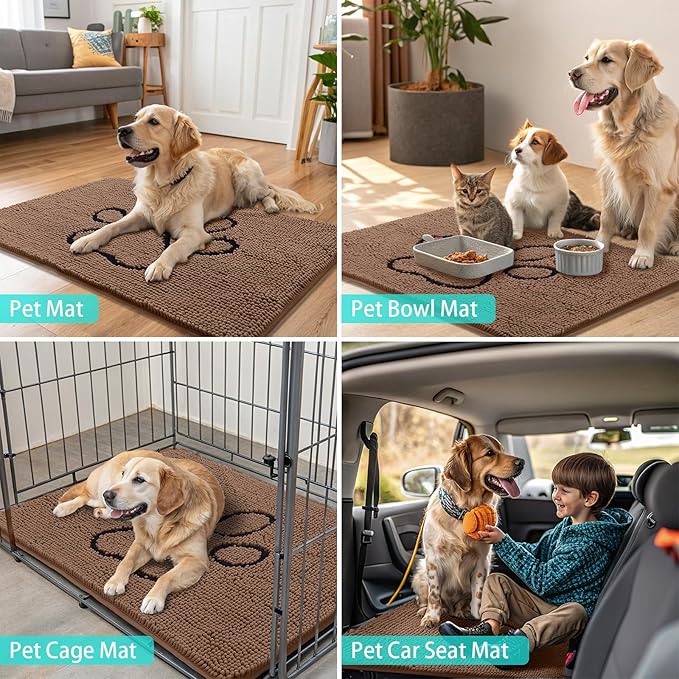 Smiry Dog Door Mat for Muddy Paws, Absorbent Dirt Trapper Non Slip Quick Dry Washable Chenille Mat for Mud Dogs, Entry Rug for Indoor and Outdoor (24x16 Inches, Camel and Black)