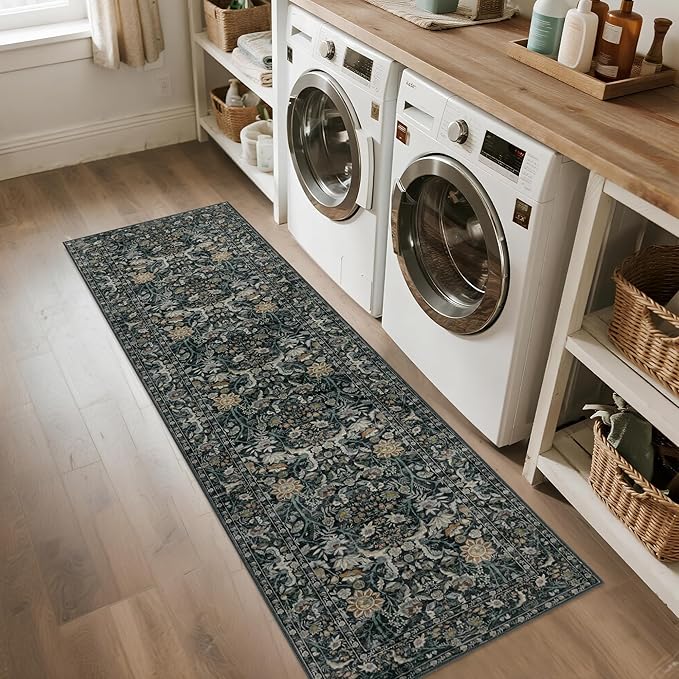 Washable Runner Rug 2x6: Vintage Boho Floral Carpet Runners for Hallway Entryway Non-Slip - Soft Botanical Low Pile Thin Mat for Kitchen Bathroom Bedroom Laundry Floor Decor - Dark Green