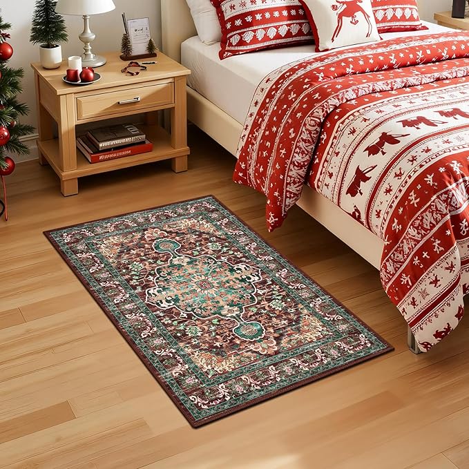 U'Artlines 2x3 Washable Boho Area Rug, Small Non Slip Vintage Doormat for Indoor Front Door Ultra Thin Mat Carpet for Entryway Kitchen Bathroom Bedroom Rust＆Teal
