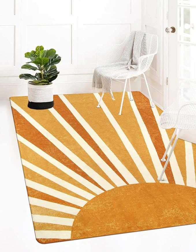 Lahome Boho Area Rug: 4'x6' Machine Washable & Non-Slip with Rainbow Sun Print for Living Room, Bedroom, Nursery, Entryway, Dining Room & Office Decor