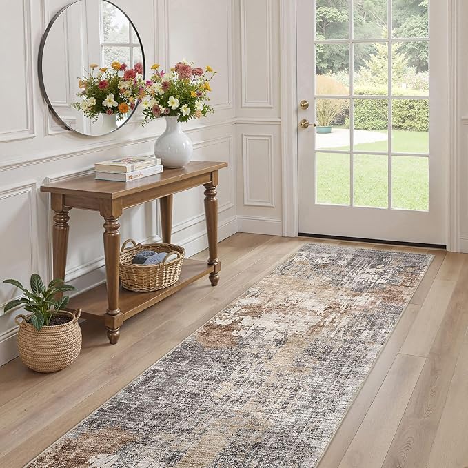 Washable Runner Rug for Hallway: 2x6 Neutral Modern Abstract Low Pile Area Rug with Non-Slip Backing - Carpet for Bedroom Kitchen Laundry Entryway Bathroom Indoor - Grey Brown